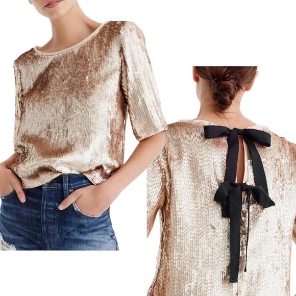 J. Crew Tops - J. Crew - Women's Rose Gold Sequin Crop Top, Back Bow Ties - Gold, Black, Size 8